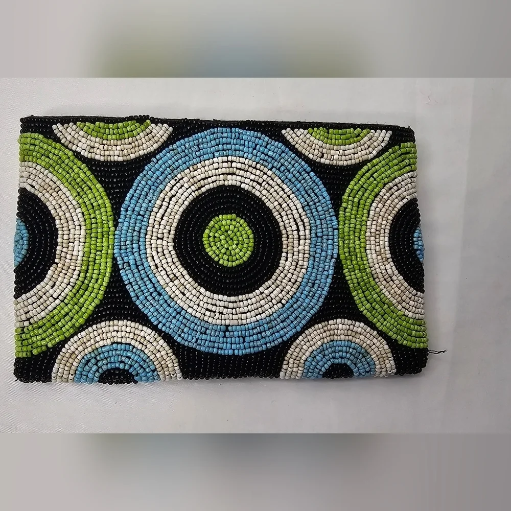 Vintage Beaded Zip Clutch Retro Purse Green & Brown MCM Circle Motif Pouch - Picture 1 of 8